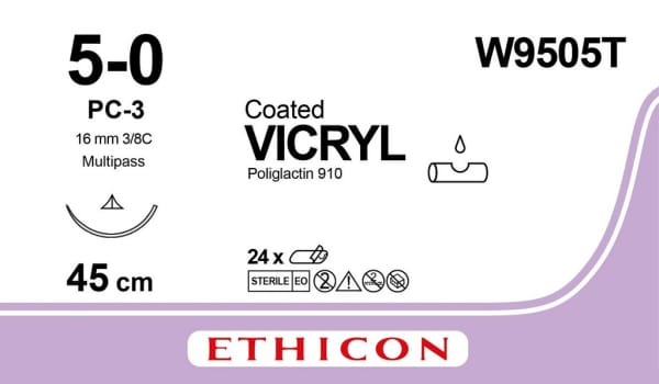 Ethicon Vicryl, sutur, ufarvet, 45 cm med PC-3 Prime nål, steril, 5-0