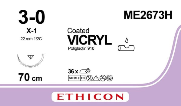 Ethicon Vicryl, sutur, ufarvet, 70 cm med X-1 nål, steril, 3-0