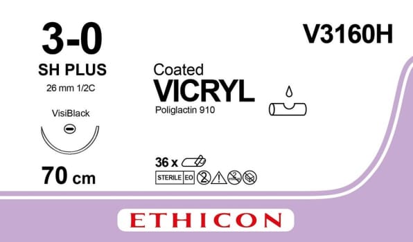 Ethicon Vicryl, sutur, violet, 70 cm med JB VISI-BLACK nål, steri, 3-0