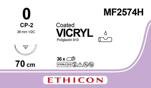 Ethicon Vicryl, sutur, violet, 70 cm med CP-2 nål, steril, 0