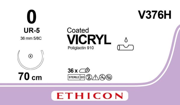 Ethicon Vicryl, sutur, violet, 70 cm med UR-5 nål, steril, 0
