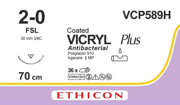 Ethicon Vicryl Plus, sutur, 70cm, FSL nål, steril, 2-0