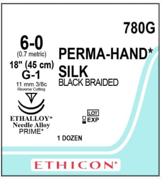 Ethicon Silke, Sutur, sort, 30 cm med G-6 nål, steril, 6-0