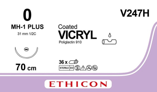 Ethicon Vicryl, sutur, lilla, flettet, MH-1 plus nål, 70 cm, steri, 0