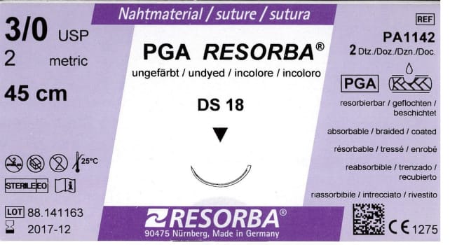 Resorba, PGA, ufarvet, 45cm med DS 18 nål, steril, 3-0