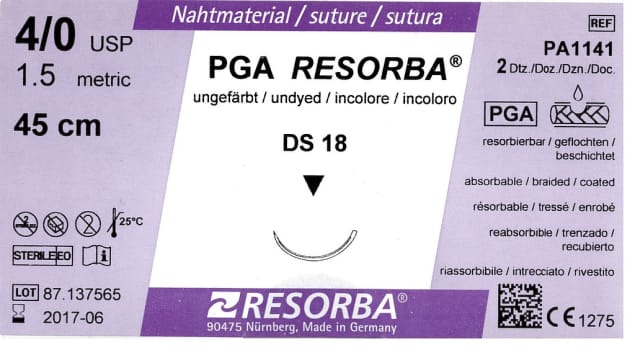 Resorba, PGA, ufarvet, 45cm med DS 18 nål, steril, 4-0
