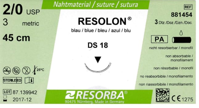 Resorba, Resolon, blå, 45cm med DS 18 nål, steril, 2-0