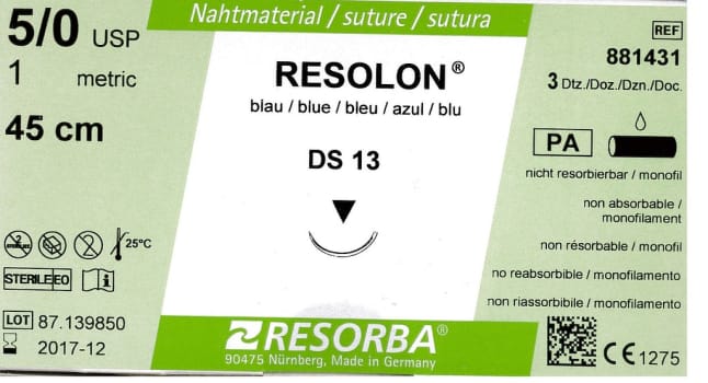 Resorba, Resolon, blå, 45cm med DS 13 nål, steril, 5-0