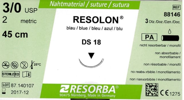 Resorba, Resolon, blå, 45cm med DS 18 nål, steril, 3-0