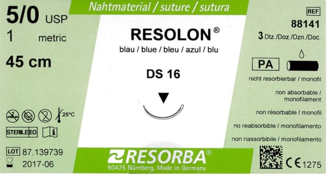 Resorba, Resolon, blå, 45cm med DS 16 nål, steril, 5-0