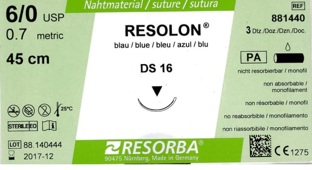 Resorba, Resolon, blå, 45cm med DS 16 nål, steril, 6-0