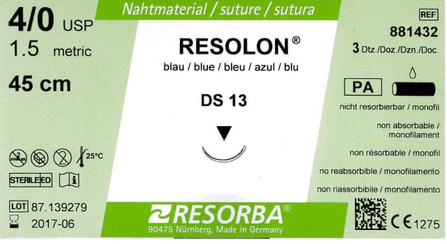Resorba, Resolon, blå, 45cm med DS 13 nål, steril, 4-0