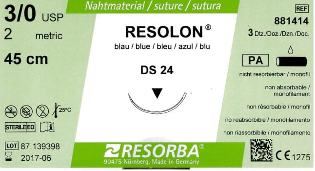 Resorba, Resolon, blå, 45cm med DS 24 nål, steril, 2-0