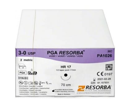 Resorba, PGA sutur, 70 cm, DS 24 nål, steril, 3-0