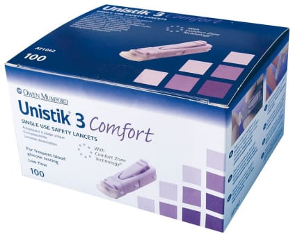Unistik 3, engangsfingerprikker Comfort, lilla 1,8mm, steril, 28G