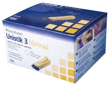 Unistik 3, engangsfingerprikker Normal, gul 1,8mm, steril, 23G, 0,6 mm