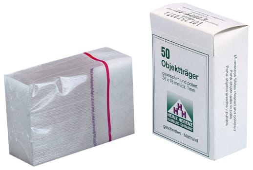 Objektglas, med skrivefelt, uslebne, 76 mm x 26 mm