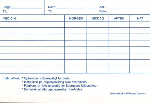 Kibodan, medicinkort til MEDIDOS og MEDIMAX doseringsæske