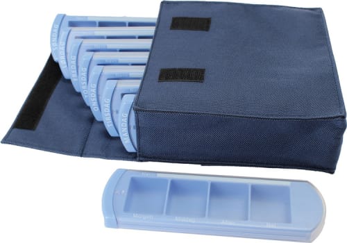 Medinizer, ugesæt, blå æsker i nylon taske, start morgen