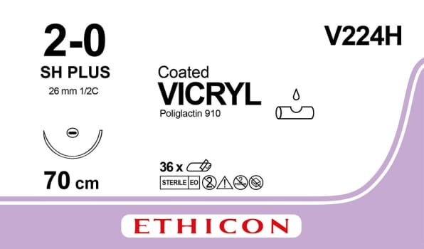 Ethicon Vicryl, sutur, ufarvet, 70 cm med SH-nål PLUS, steril, 2-0