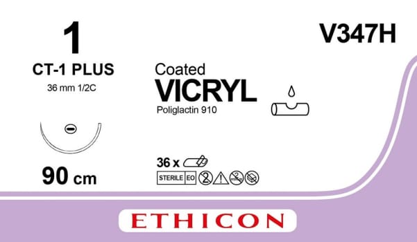 Ethicon Vicryl, sutur, violet, 90 cm, CT-1 plus nål, steril, 2-0