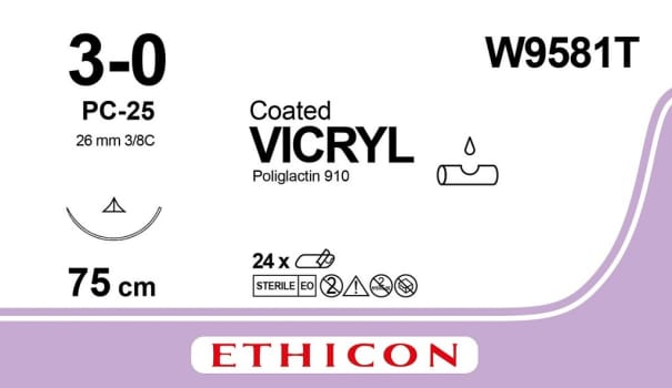 Ethicon Vicryl, sutur, ufarvet, 75 cm med PC-25 Prime nål, steril, 3-0