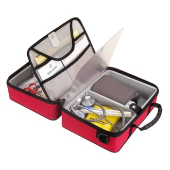 Mini lægetaske, kunststof rød m/ruminddeling og skulderstrop