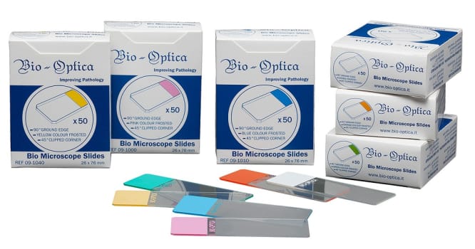 Aluslasi Bio-Optica 90° hiottu reuna 45° leikatut kulmat keltainen mattapää 50 kpl