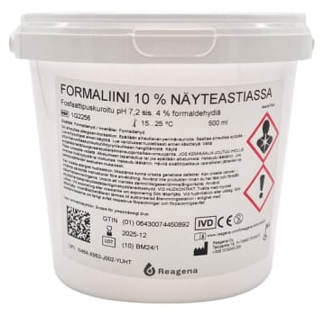 Formaliini 10 % pusk. 500 ml x 12 kpl, painokannellinen purkki 1000 ml