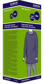 Klinion Protection, forklæde i plast, med ærmer, blåt, 30 my, 98 cm x 120 cm x 0,03 mm