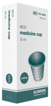 Klinion medicinbæger, eco, med graduering, gul, PP, 30 ml
