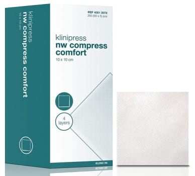 Klinipress Comfort, non woven kompres 4 lag, brev a 5 stk, steril, 10 cm x 10 cm