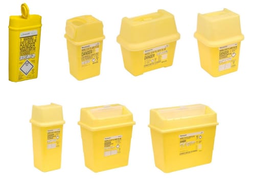 Sharpsafe genbrugsplast, kanylebeholder, lommemodel, kanyleaftræk, grå/gul, 200 ml