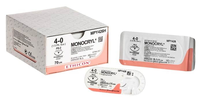 Ethicon Monocryl, Sutur ufarvet, 45cm PS-3 nål 16mm multipass steril, 4-0