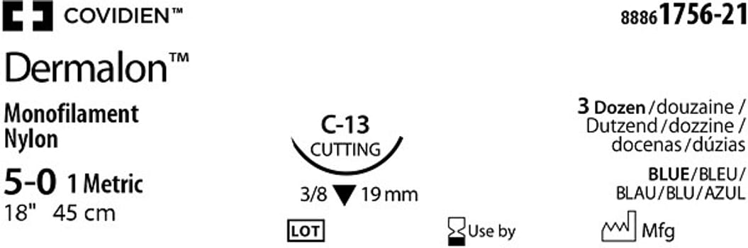 Sutur Dermalon nylon blå C13 5-0 45 cm