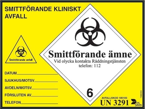 Etikett smittförande avf 150x200mm gul/svart 100/rle