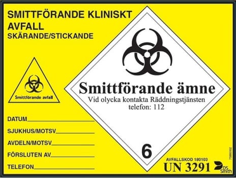 Etikett skär/stick riskavfall 150x200mm gul/svart rle/100
