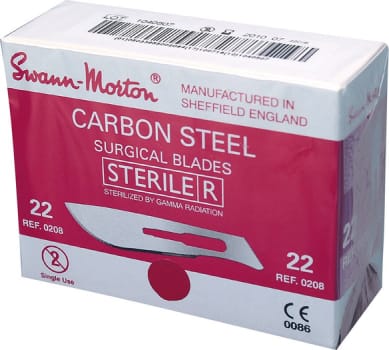 Knivblad op Swann Morton nr22 steril kolstål