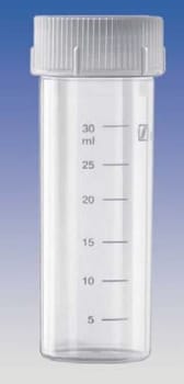 Bägare 40ml transp med skruvlock pl d28,5xh85mm graderad ofärgad