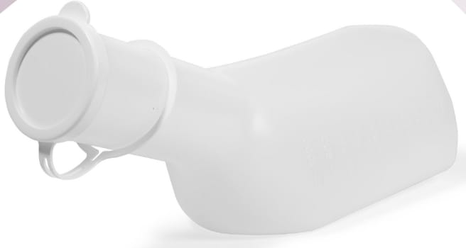 Urinflaska med vitt lock Man 1L. Flergångs, polyeten