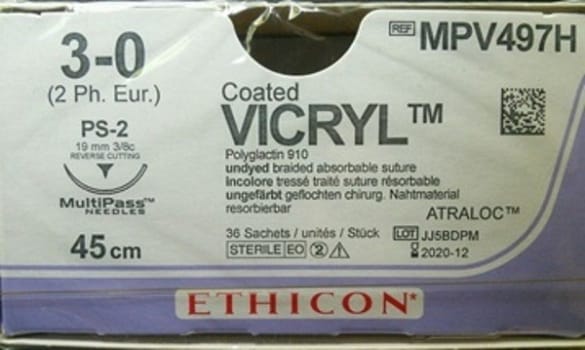 Sutur Vicryl 3-0 PS-2 19mm steril 45cm ofärg 3/8 cirk omv skär