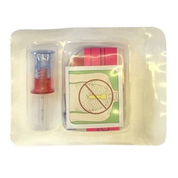 EZ-IO övningsnål 25mm, blå/röd, förpackning med nål instruktioner armband skydd slang, ej steril