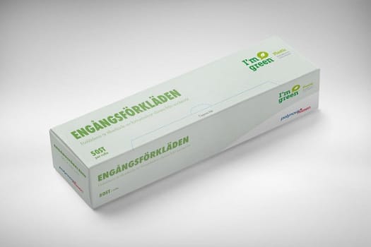 Förkläde Polynovabio vit 800x1250mm grön PE rulle