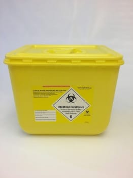Riskavfallsbox gul 30l dubbellock med etikett cytostatika/läkemedel