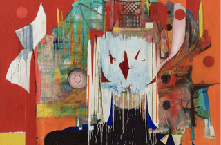 <span class="artist">Gareth Sansom</span><span class="title"> Dowager</span><span class="year"> 2026</span>, <span class="medium">oil, enamel and ink on linen</span>, <span class="dimen dimen-notes">183.3 x 244.3 cm</span>
