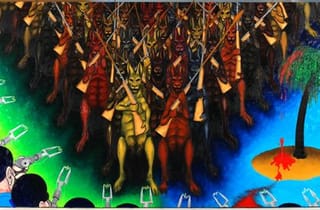 <span class="artist">Gordon Hookey</span><span class="title"> Blood on the wattle, blood on the palm</span><span class="year"> 2009</span>, <span class="medium">Oil on linen</span>, <span class="dimen dimen-notes">285 x 500 cm</span>