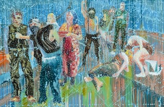 <span class="artist">Jon Cattapan</span><span class="title"> The Group Reacts</span><span class="year"> 2020</span>, <span class="medium">Oil and acrylic on linen</span>, <span class="dimen">140 x 180 cm</span>