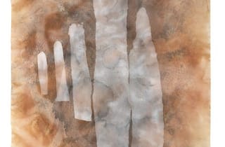 <span class="artist">Judy Watson</span><span class="title"> standing stone, ochre net and spine</span><span class="year"> 2020</span>, <span class="medium">Acrylic and graphite on canvas</span>, <span class="dimen">245 x 181 cm</span>