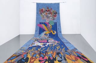 <span class="artist">Khadim Ali</span><span class="title"> Unsafe Haven</span><span class="year"> 2025</span>, <span class="medium">hand and machine embroider on dyed ink fabric</span>, <span class="dimen dimen-notes">846 x 310 cm</span> <span class="artist">Khadim Ali</span><span class="title"> Unsafe Haven</span><span class="year"> 2025</span>, <span class="medium">hand and machine embroider on dyed ink fabric</span>, <span class="dimen dimen-notes">846 x 310 cm</span>