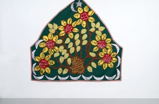 <span class="title"> Sanjak (b), Two Brothers</span><span class="year"> 2026</span>, <span class="medium">Cloth, cotton, polyester, nylon and embroidery</span>, <span class="dimen dimen-notes">330 x 293 cm (appprox)</span> <span class="title"> Sanjak (b), Two Brothers</span><span class="year"> 2026</span>, <span class="medium">Cloth, cotton, polyester, nylon and embroidery</span>, <span class="dimen dimen-notes">330 x 293 cm (appprox)</span>